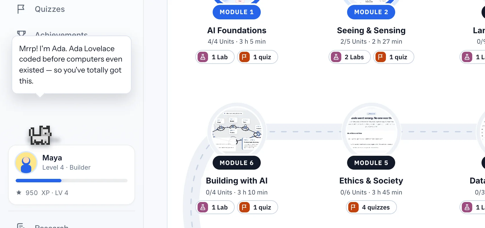 Ada sitting on the learner card in the EdSutra Studio sidebar, saying “Mrrp! I'm Ada. Ada Lovelace coded before computers even existed — so you've totally got this.” The dashboard's road of Modules is beside her.