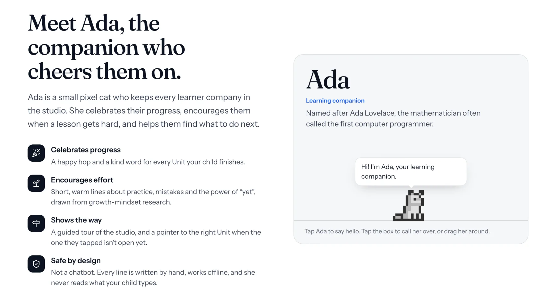 The “Meet Ada” section of the EdSutra home page: Ada, a small pixel cat, says “Hi! I'm Ada, your learning companion.” Beside her, four notes: celebrates progress, encourages effort, shows the way, and safe by design, not a chatbot.