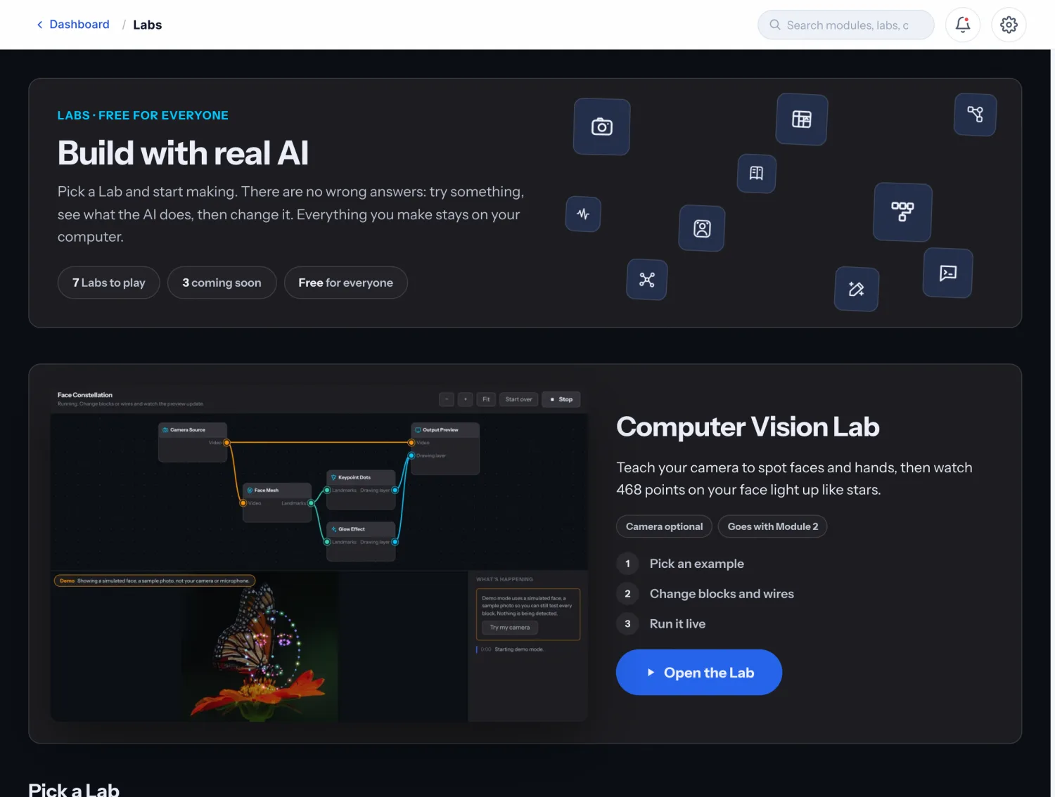 The Labs page: a "Build with real AI" header with floating Lab icons, then the Computer Vision Lab featured, running its Face Constellation example.