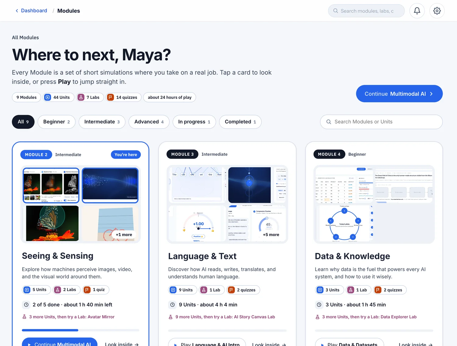 The Modules page, "Where to next, Maya?": counts of Modules, Units, Labs and quizzes, level filters, and Module cards with real Unit screenshots, the learner's current Module marked "You're here" with Continue Multimodal AI.