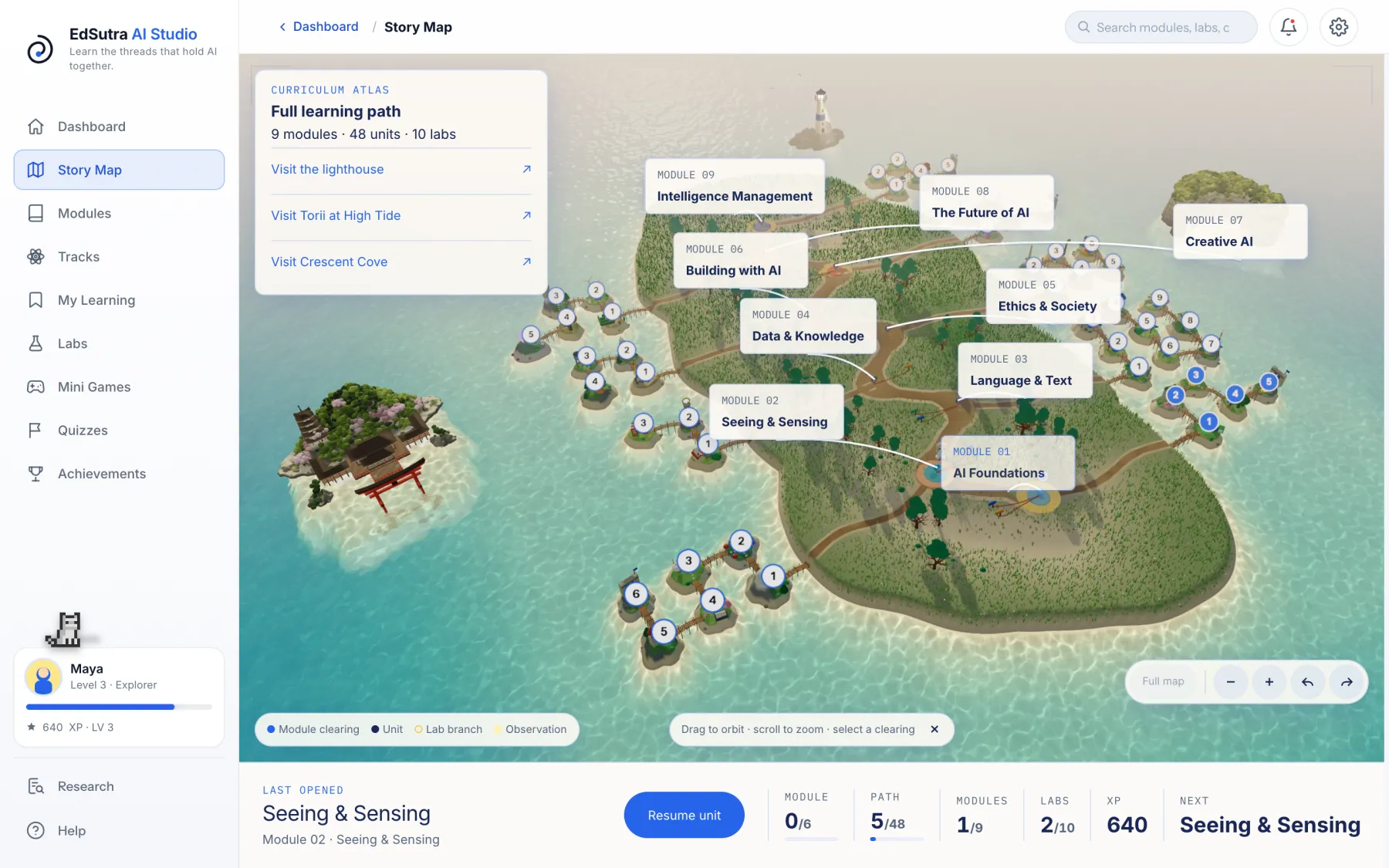 EdSutra Studio's Story Map: a 3D island where each clearing is a module of the AI curriculum, from AI Foundations to Intelligence Management, with a small numbered island for every Unit, joined by bridges. Module 1's islands are lit up as finished.
